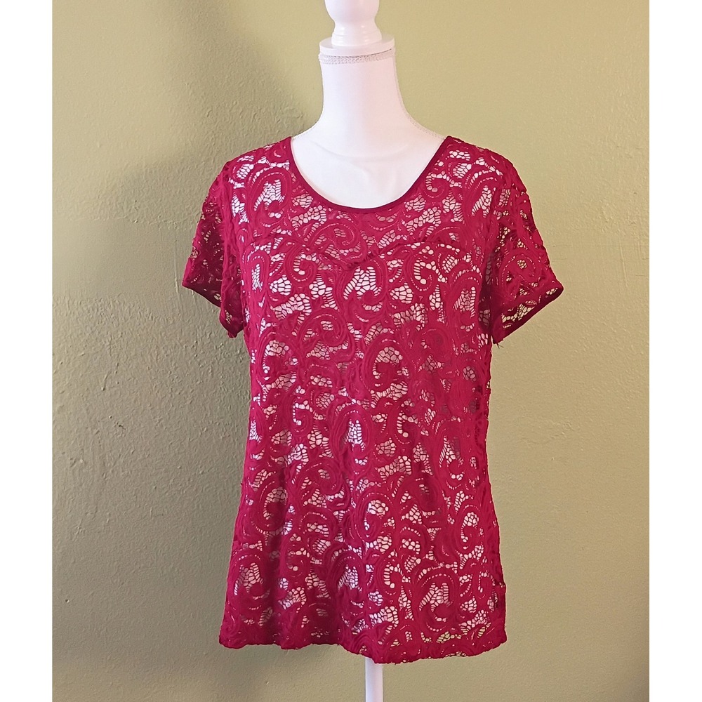 Dark Moody Celestial Romantic Red Lace Short Sleeve Blouse Scoop Neck Size Large